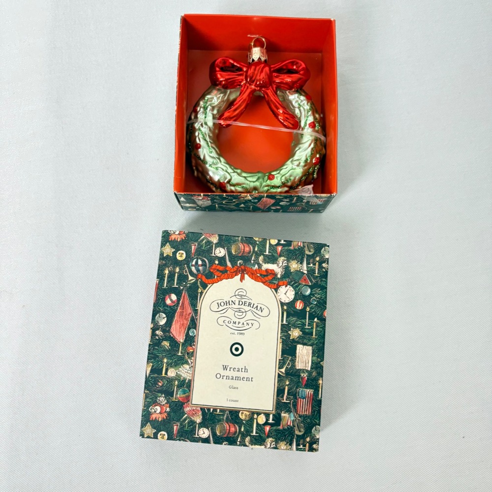 John Derian Target Glass Wreath Christmas Ornament Red Bow‎ 2025 Dated New Box
